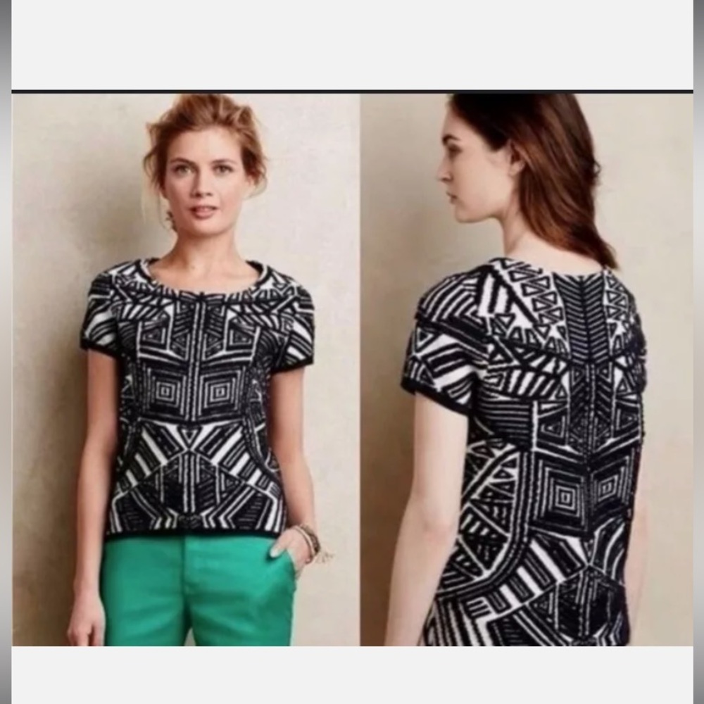 Anthropologie Moth Navy/White Textured Short Sleeve Top Size s/p